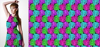 13010v Materiał ze wzorem kolorowe tropikalne liście (monstera) różnokolorowe (zielony, fuksja, błękit, fiolet)